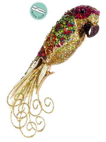3"Hx7.5"L Glittered Parrot w/Clip Ornament Gold Mix (pack of 12)