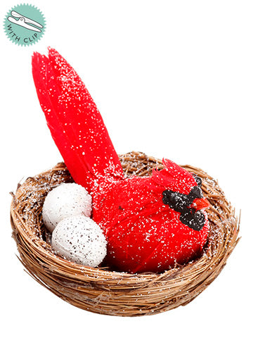 3.5" Snow Cardinal Bird's Nest with 2 Eggs on Metal Clip Red (pack of 12)