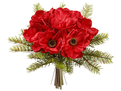 10" Anemone/Pine Bouquet  Red Green (pack of 6)