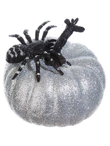 5"Hx5.5"D Glittered Pumpkin With Spider Silver Black (pack of 12)