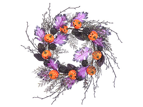 22" Pumpkin/Twig/Leaf Wreath  Fuchsia Orange (pack of 2)