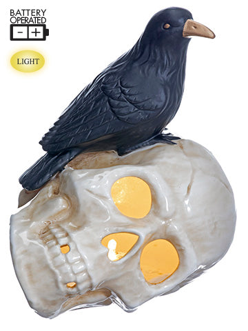 7" Battery Operated Crow on Skull With Light Cream Black (pack of 2)