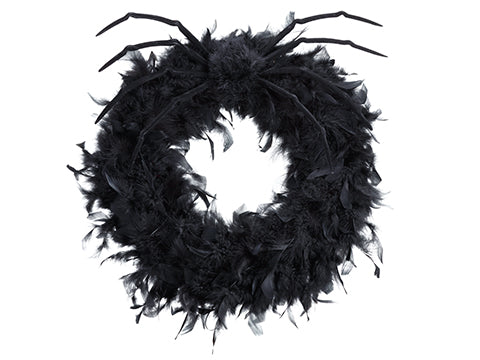 20" Feather Wreath with Spider with Hanger Black (pack of 3)