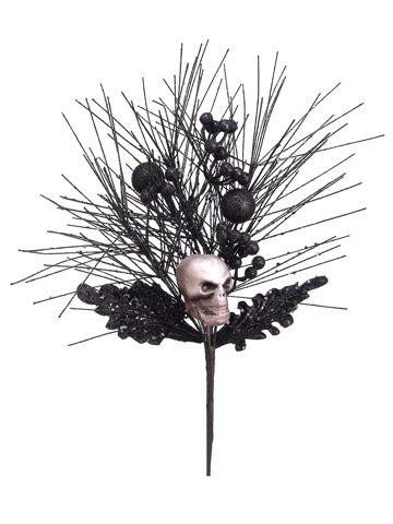 19" Glittered Skull/Long Needle Pine Spray Black (pack of 12)