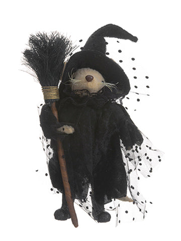 9" Halloween Little Mouse With Broom Black Brown (pack of 6)