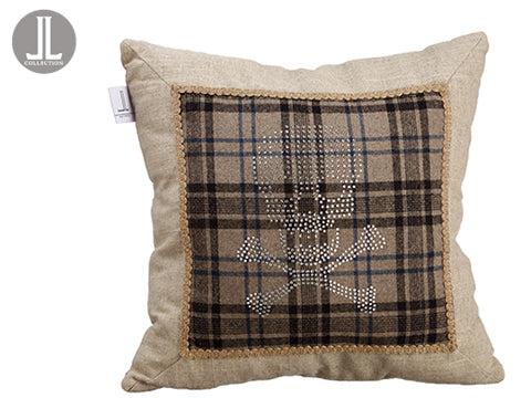 15.5"Wx15.5"L Rhinestone Skull Pillow Black Beige (pack of 6)