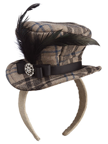 7" Rhinestone Plaid Hat Hairband Black Beige (pack of 6)
