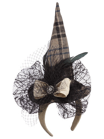7" Rhinestone Plaid Witch Hat Hairband Black Beige (pack of 6)