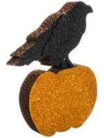 15" Glittered Crow on Pumpkin  Black Orange (pack of 6)