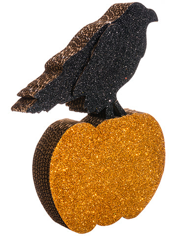 15" Glittered Crow on Pumpkin  Black Orange (pack of 6)