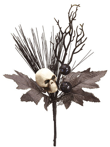 15" Glittered Skull/Long Needle Pine/Twig Pick Black Cream (pack of 12)