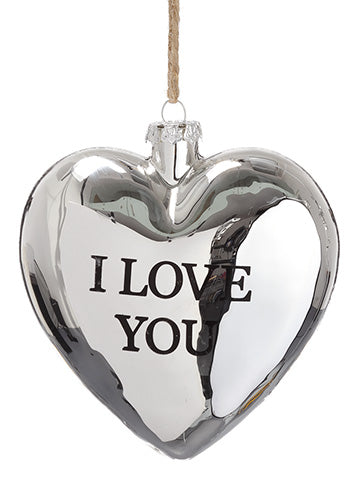 5" I Love You Glass Heart Ornament Antique Silver (pack of 6)