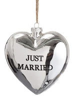 5" Just Married Glass Heart Ornament Antique Silver (pack of 6)