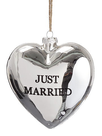 5" Just Married Glass Heart Ornament Antique Silver (pack of 6)