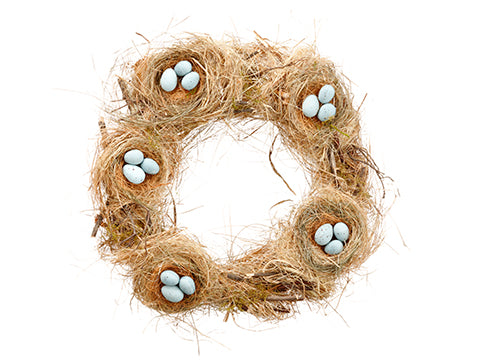 18" Bird's Nest Wreath With Egg Natural Blue (pack of 3)