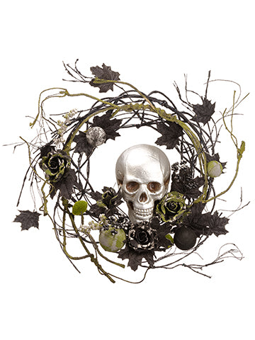 24" Skull/Rose/Ball/Twig Wreath Silver Black (pack of 1)