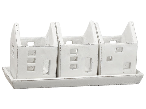 5.5"Hx4.5"Wx11.25"L House Tealight Candleholder x3 With Tray Antique White (pack of 1)