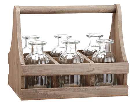 9.5"Hx8"Wx11.7"L Glass Vase x6 With Wood Carrier Brown (pack of 3)