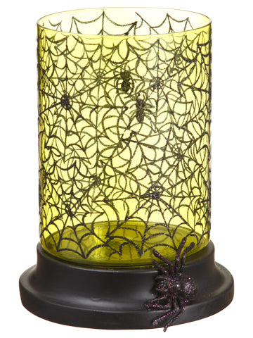8" Glittered Spider Web Glass Hurricane Green Black (pack of 2)