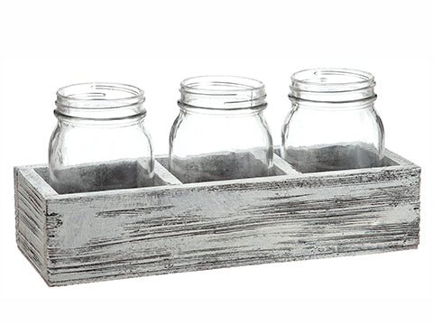 5"Hx4"Wx11.7"L Glass Vase x3 in Wood Box Clear Whitewashed (pack of 6)