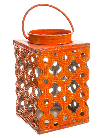 13"Hx8.2"Wx8.2"L Metal Lantern w/Glass Candleholder Orange (pack of 2)