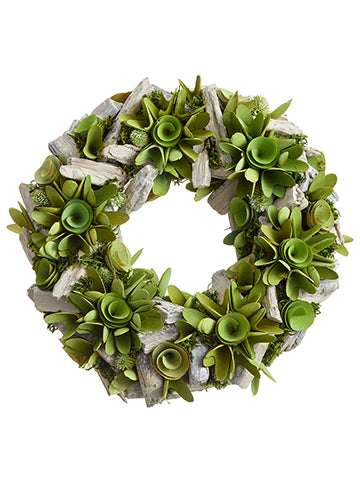 14" Wood Chip Succulent/Drift Wood Wreath Green Gray (pack of 2)