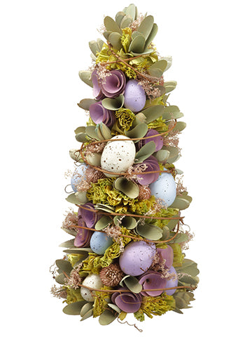 14.5" Egg/Wood Chip Flower/ Straw Cone Topiary Purple Green (pack of 2)