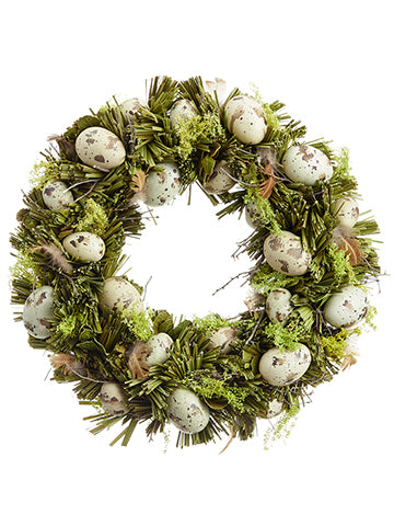 14" Egg/Feather/Straw Wreath  Brown Green (pack of 4)