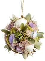 5.5" Egg/Wood Chip Flower/ Straw Ball Ornament Purple Green (pack of 6)