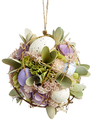 5.5" Egg/Wood Chip Flower/ Straw Ball Ornament Purple Green (pack of 6)