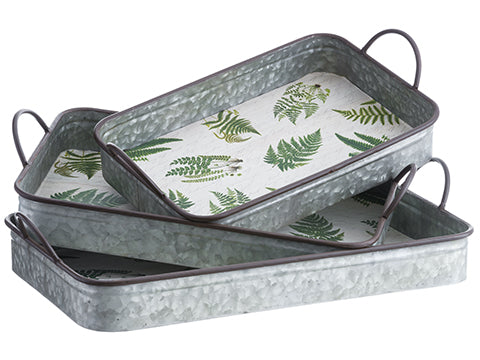 9.5"L-11.75"L Fern Leaf Metal Tray (3 ea/set) Green Beige (pack of 2)