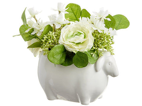 9" Ranunculus/Narcissus/Sedum in Ceramic Sheep Planter White Green (pack of 2)