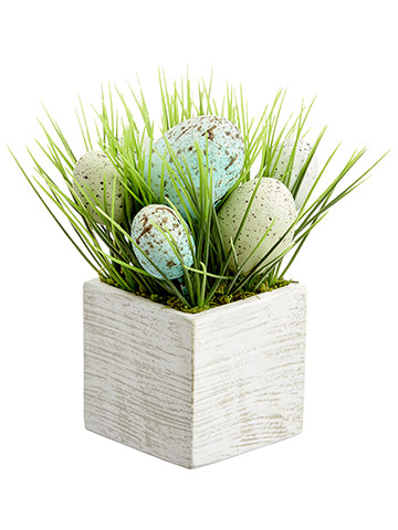 7" Egg/Grass Arrangement in Wood Box Blue Aqua (pack of 6)