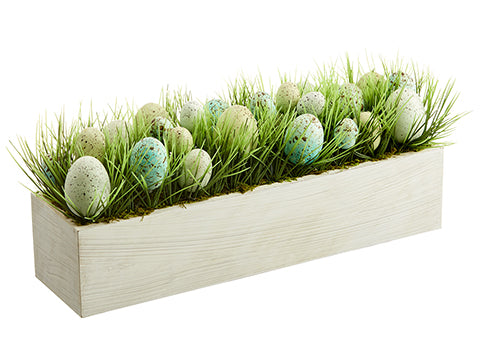 7.5" Egg/Grass Arrangement in Wooden Box Blue Aqua (pack of 2)