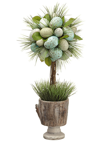 23" Egg Ball Topiary in Cement Pot Blue Aqua (pack of 1)