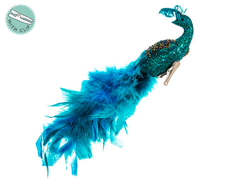 11" Glittered Feather Peacock Bird with Clip (2 Styles/ Assorted) Teal (pack of 12)