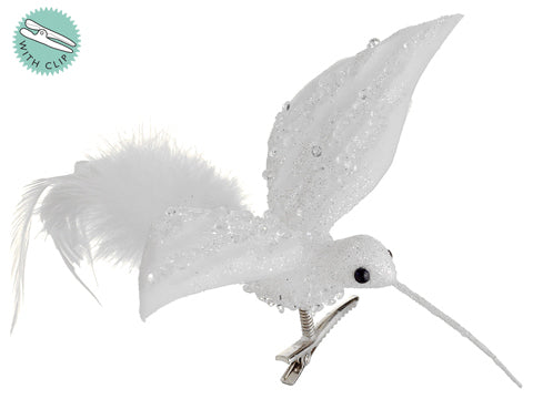 9" Beaded Feather Humming Bird w/Clip White (pack of 12)