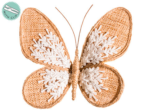 5"Wx6"L Burlap Lace Butterfly w/Clip Natural White (pack of 12)