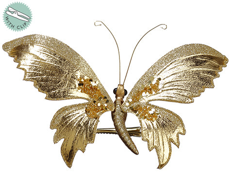 8" Glittered Butterfly With Clip Gold (pack of 12)