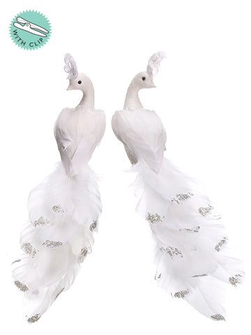 11" Glittered Feather Bird With Clip (2 Ea/set) White (pack of 6)