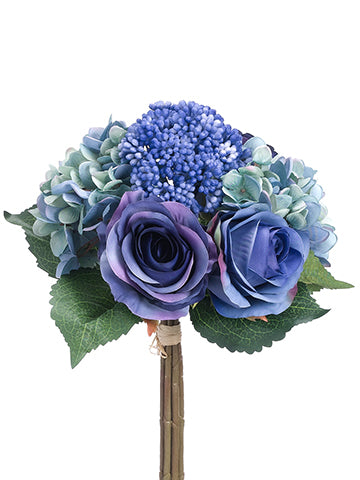 13" Hydrangea/Rose/Sedum Bouquet Two Tone Blue (pack of 12)