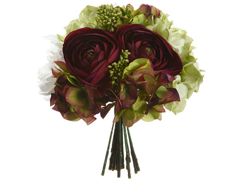 10.5" Hydrangea/Ranunculus/ Peony/Skimmia Bouquet Eggplant Green (pack of 6)