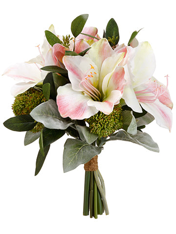 13" Amaryllis/Sedum/Lamb's Ear Bouquet White Pink (pack of 4)