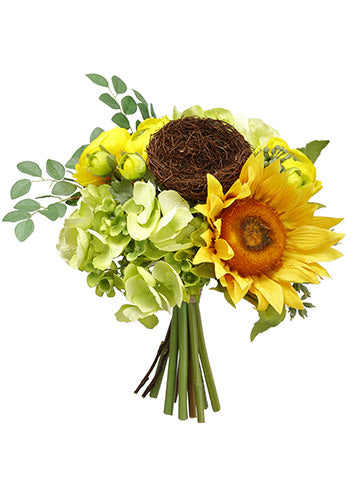 12" Sunflower/Hydrangea /Bird's Nest Bouquet Yellow Green (pack of 4)