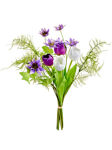 15" Tulip/Water Hyacinth Bouquet Purple White (pack of 6)
