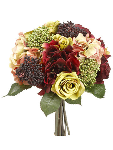 14" Hydrangea/Rose/Sedum Bouquet Burgundy Green (pack of 4)