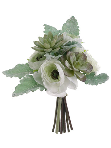 9" Succulent/Ranunculus Bouquet Green Cream (pack of 12)