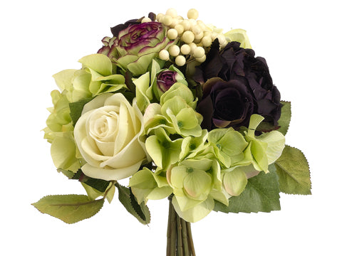 11" Rose/Ranunculus/Hydrangea Bouquet Green Plum (pack of 6)