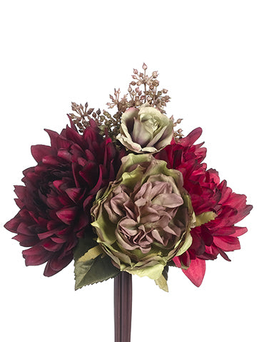 9" Dahlia/Rose Bouquet  Burgundy Green (pack of 12)