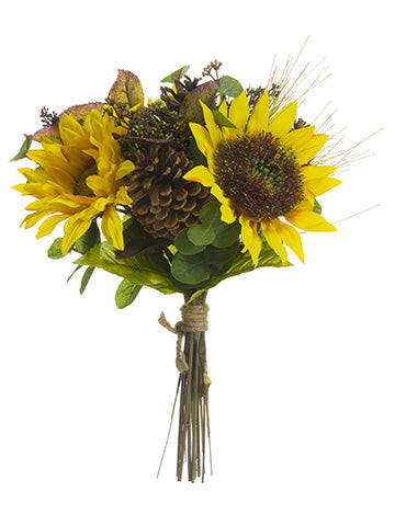 15" Sunflower/Eucalyptus Leaf/Pine Cone/Long Needle Pine Bouquet Yellow Brown (pack of 6)